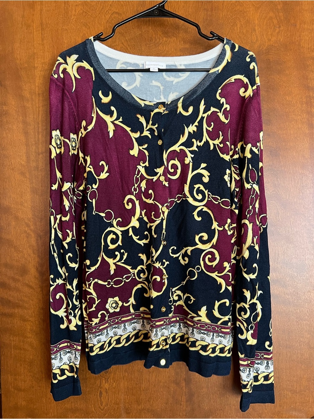 Charter Club Burgundy, Black & Gold Scroll-Print Long Sleeve Button Up Sweater